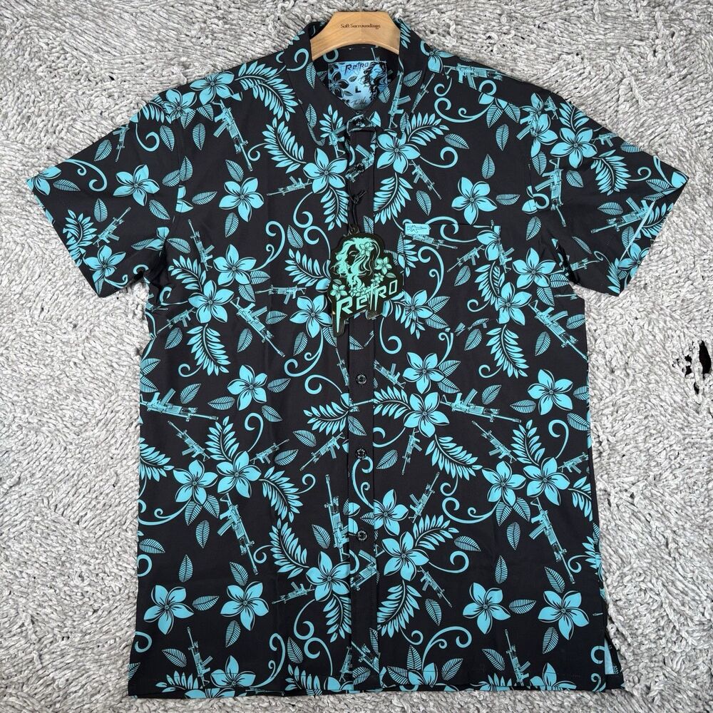 Retro Rifle Hawaiian Shirt Mens Large "THE HULA" Short Sleeve Multicolor NWTGS
